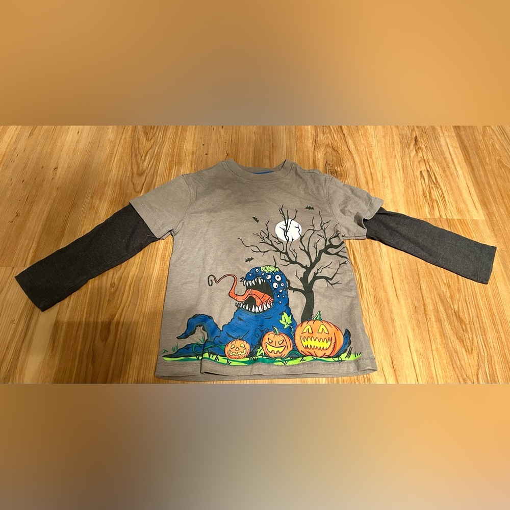 Cat & Jack Gray Halloween Long Sleeve Monster Tee XS (4/6) Pumpkins Layered Look
